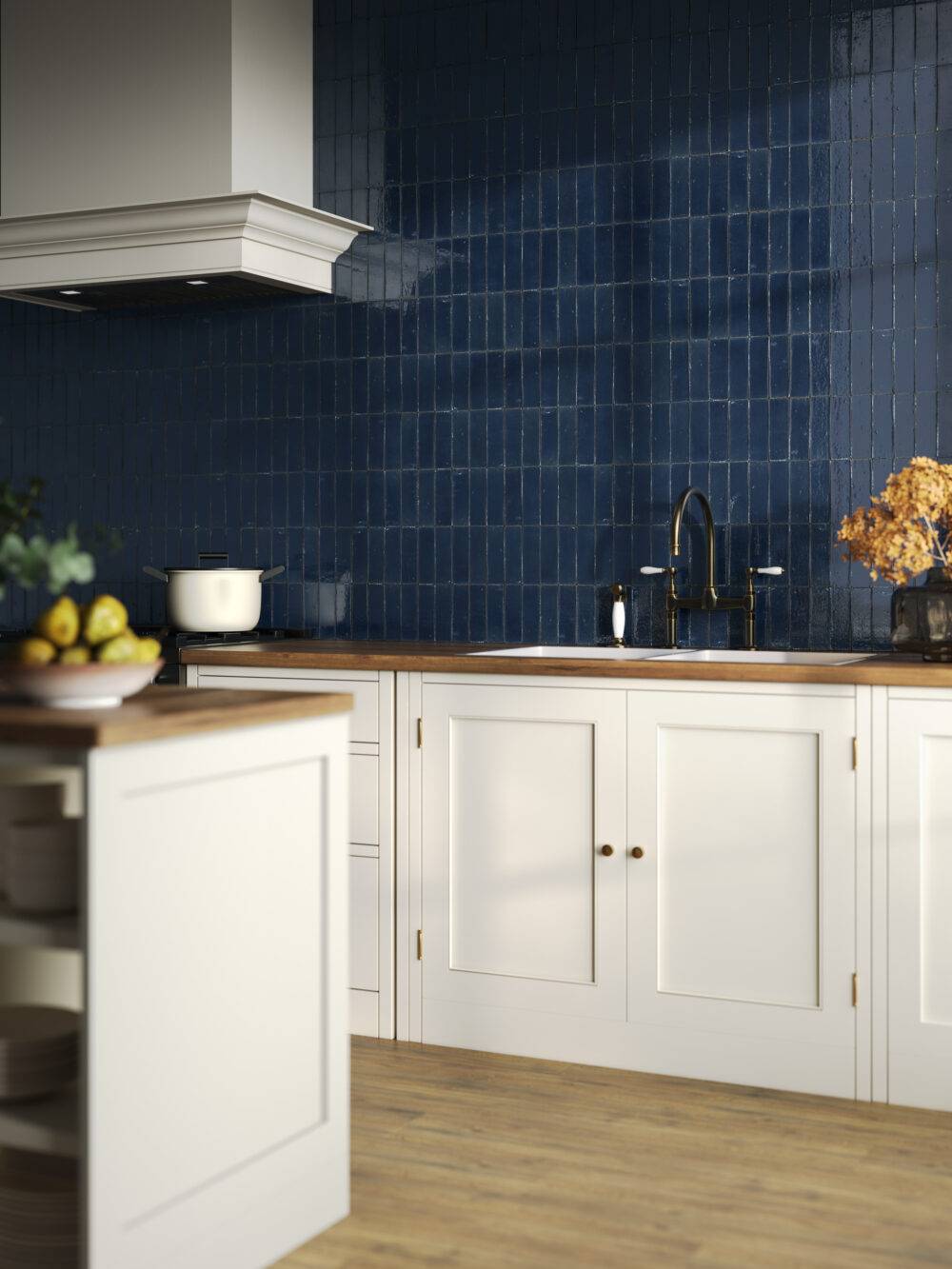 This bright kitchen features a bold blue Zellige tile. 