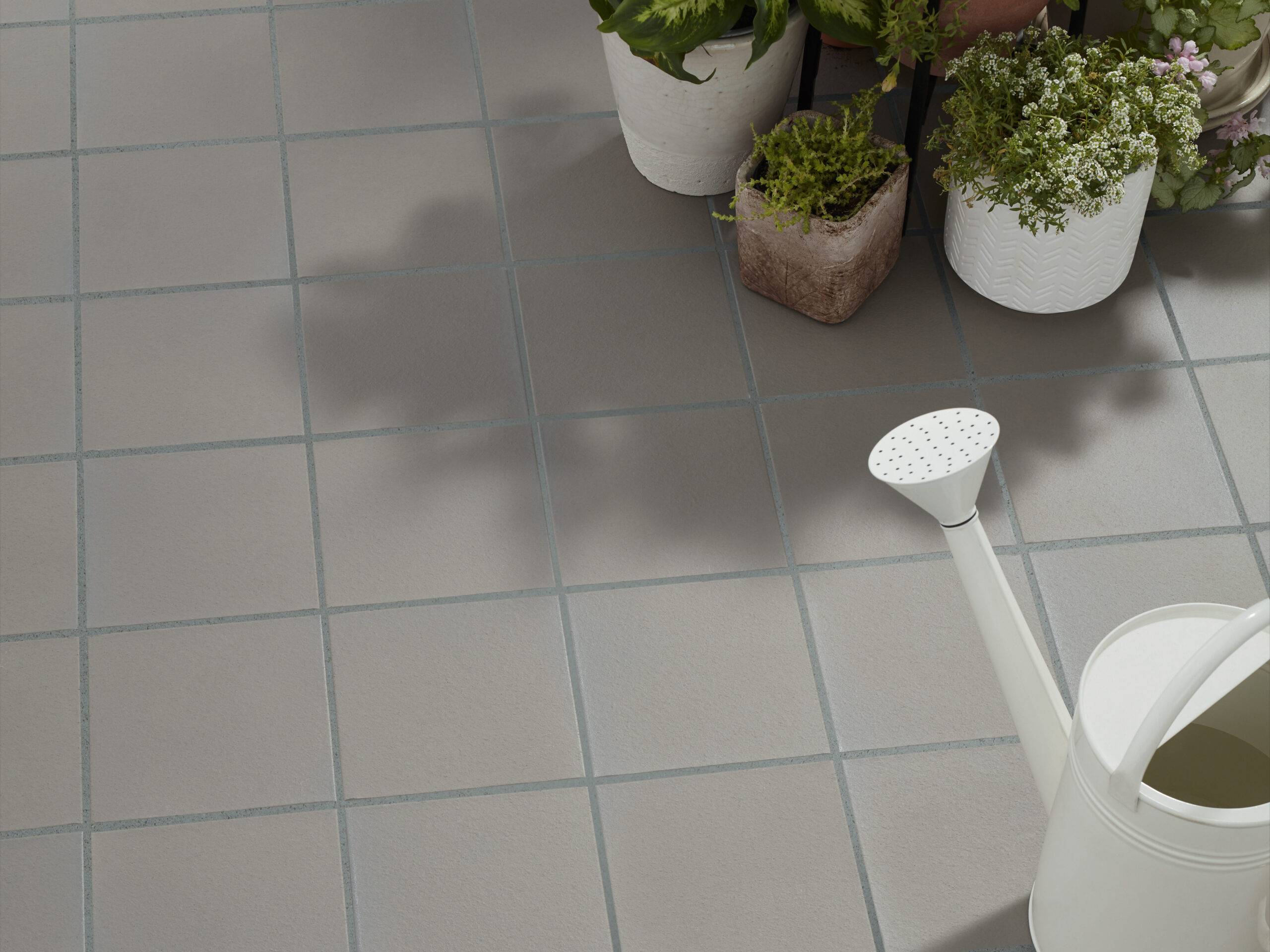 This outdoor floor shot features grey quarry tile. 