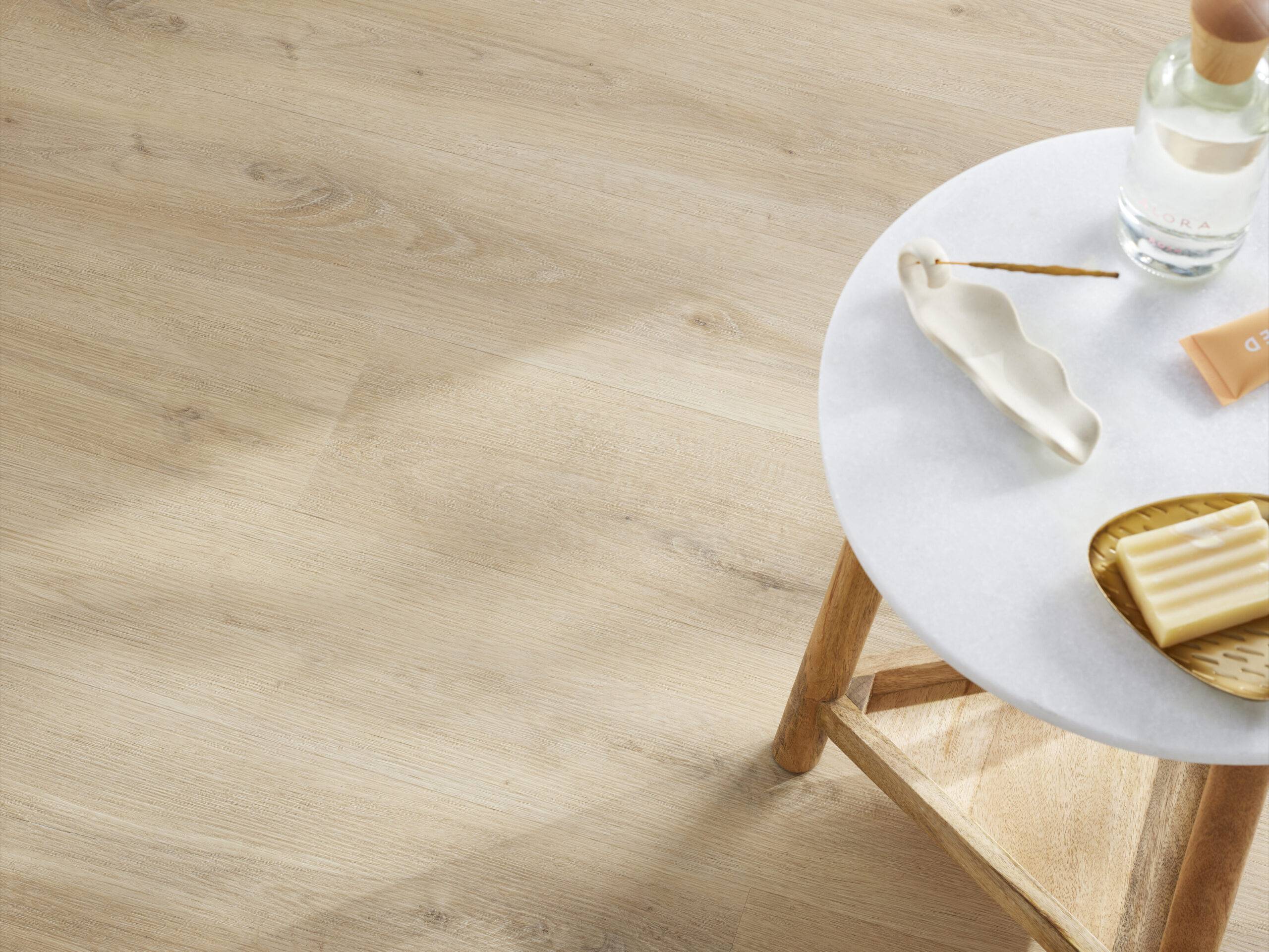 This overhead floor shot features a beautiful blonde wood-look floor. 